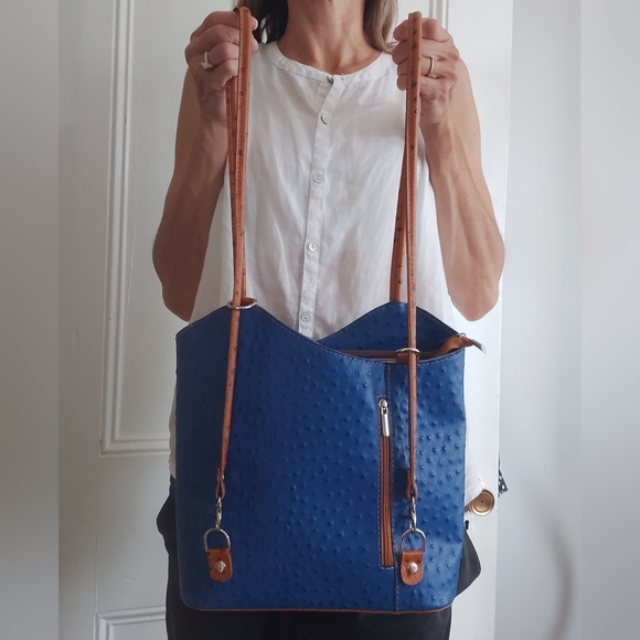 Borse in Pelle Italian Ostrich Leather Tote/Backpack Royal Blue and Tan - Picture 4 of 14